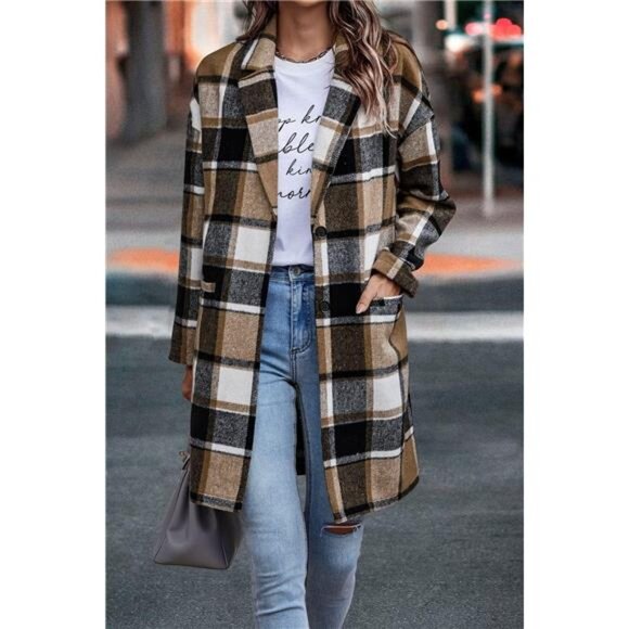 Women's 2024 Plaid Shacket Jacket Casual Button Wool Blend Winter Trench Coat - Picture 2 of 7